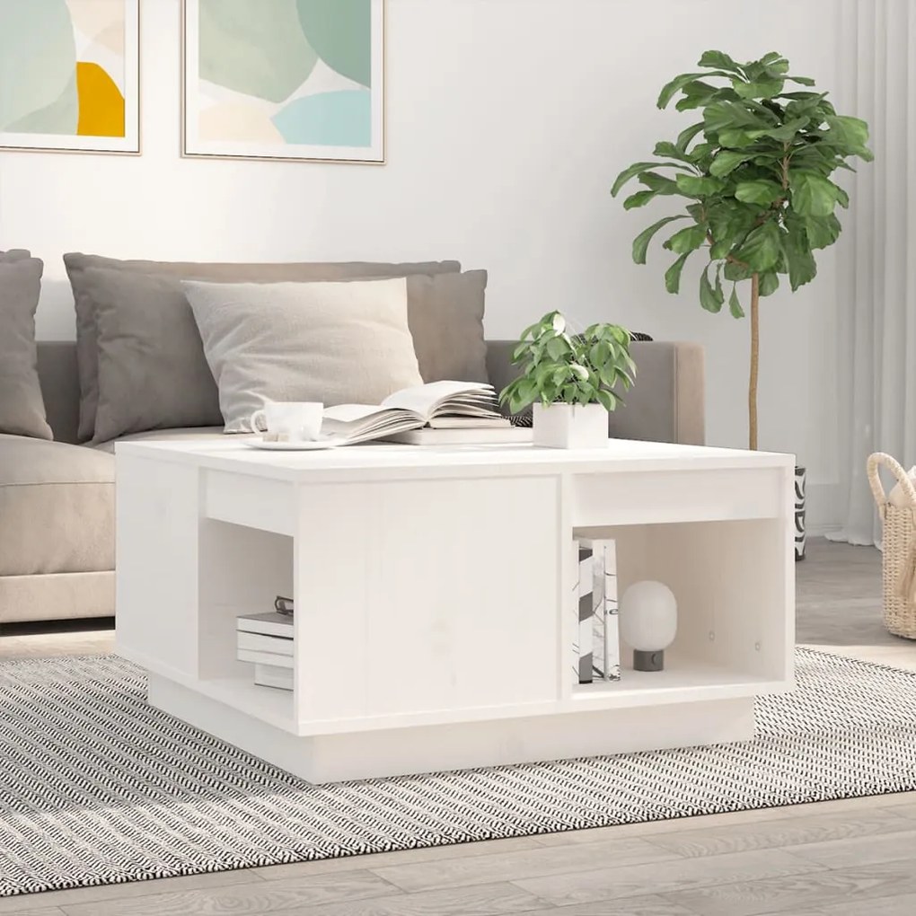 Tavolino Da Salotto Bianco 60x61x32,5 Cm Legno Massello Di Pino /