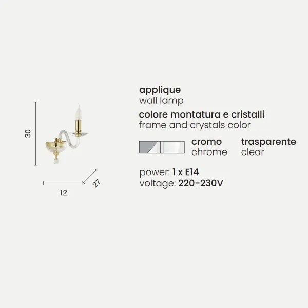 Applique PAGANINI a 1 LUCE in vetro lavorato a mano CROMO