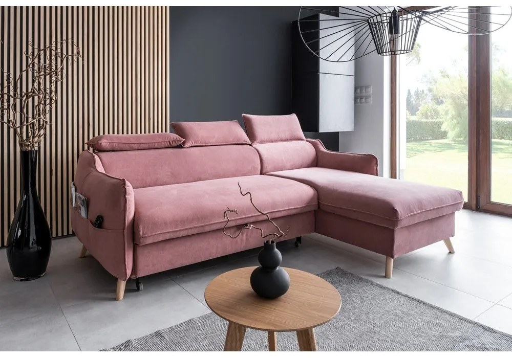 Divano letto angolare in velluto rosa chiaro (angolo destro) Sweet Harmony - Miuform