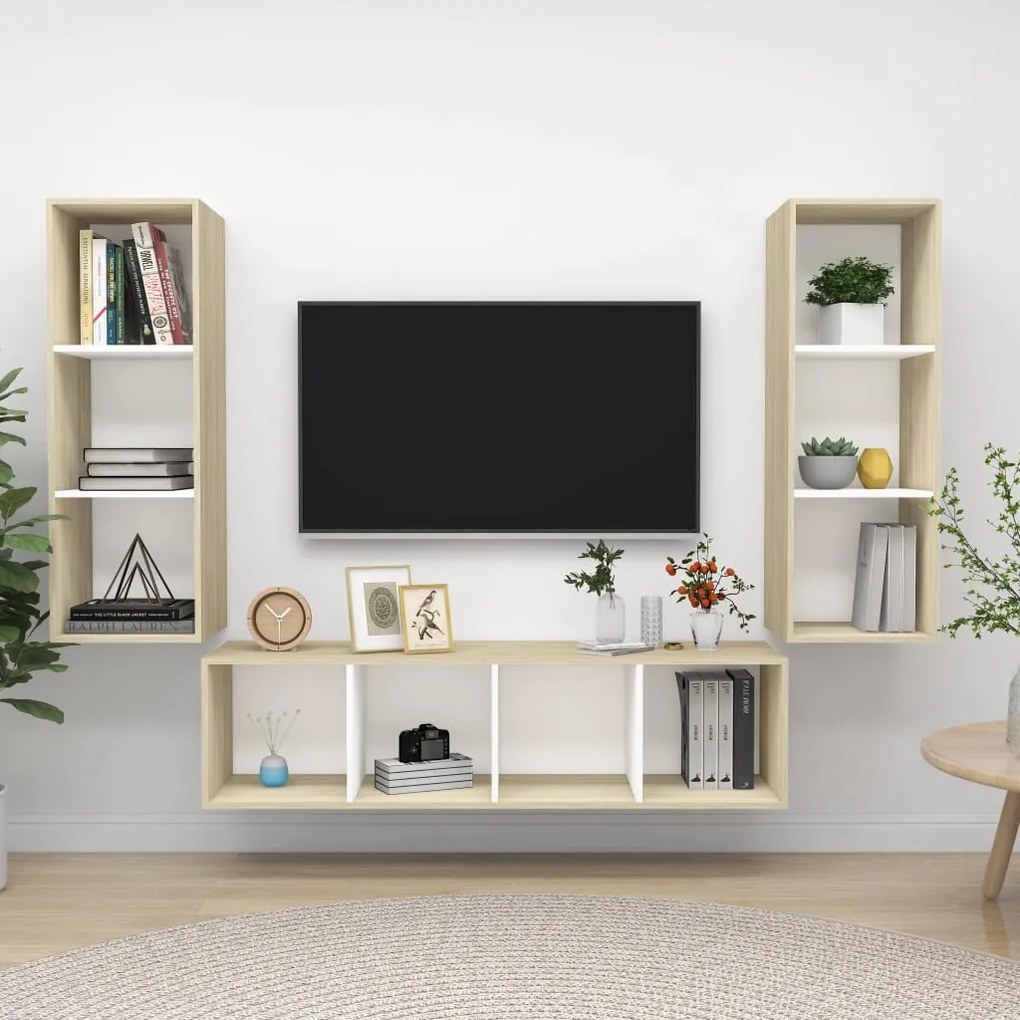 Set Porta Tv 3 Pz Bianco E Rovere Sonoma İn Truciolato /