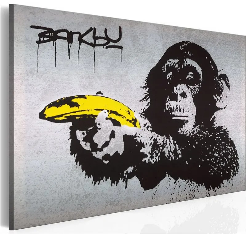 Quadro Fermo che la scimmia spara! (Banksy)  Colore Giallo, Dimensioni e Misure 60x40