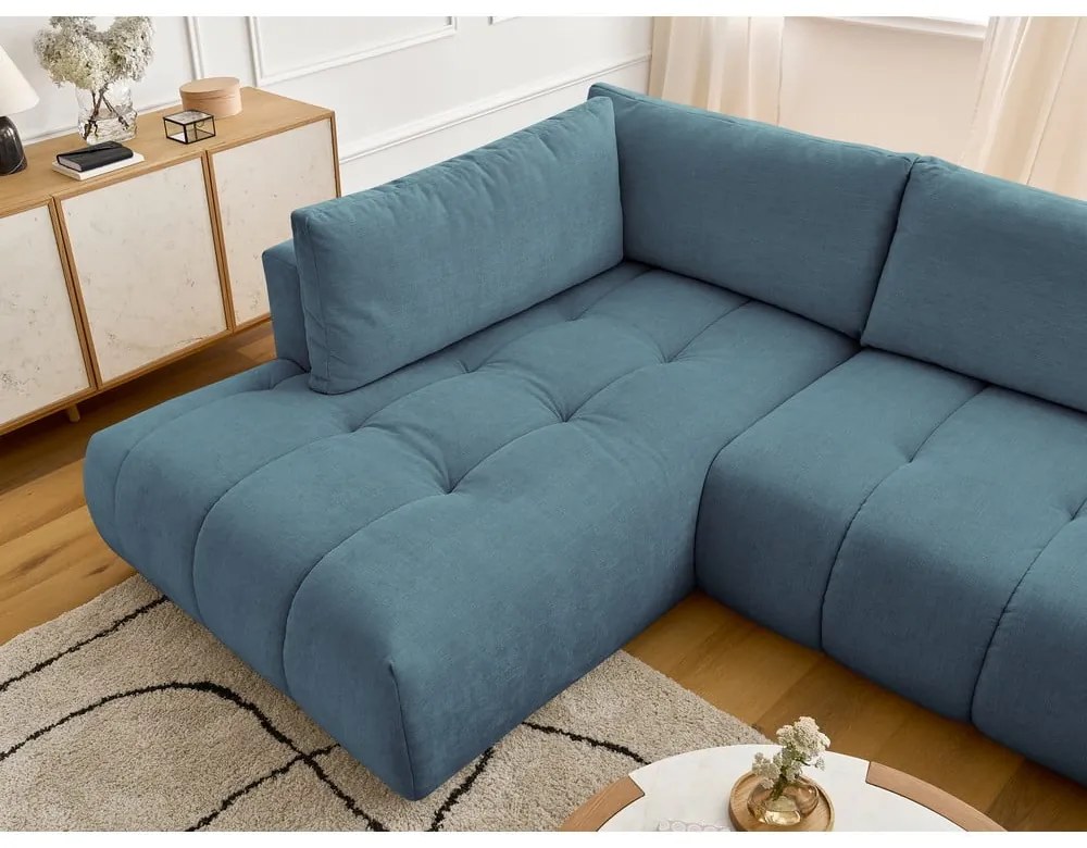 Divano angolare blu allungabile e con contenitore (penisola a sinistra/a U) con rivestimento in ciniglia Fuji – Bobochic Paris