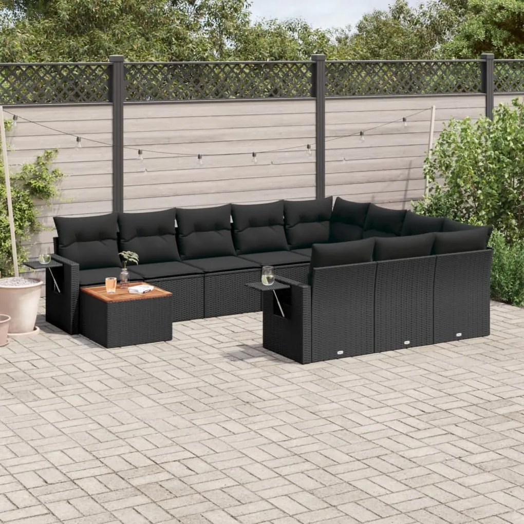 Set Divani da Giardino 11 pz con Cuscini in Polyrattan Nero