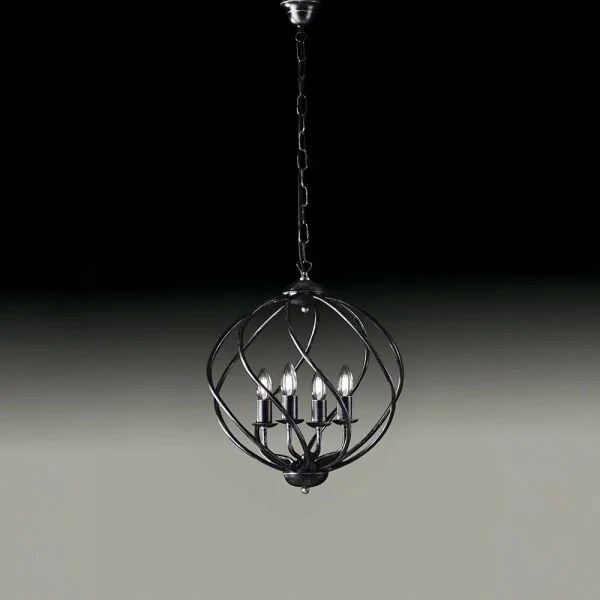 Lampadario in ferro laccato nero con decorazione argento 4 luci  ne...