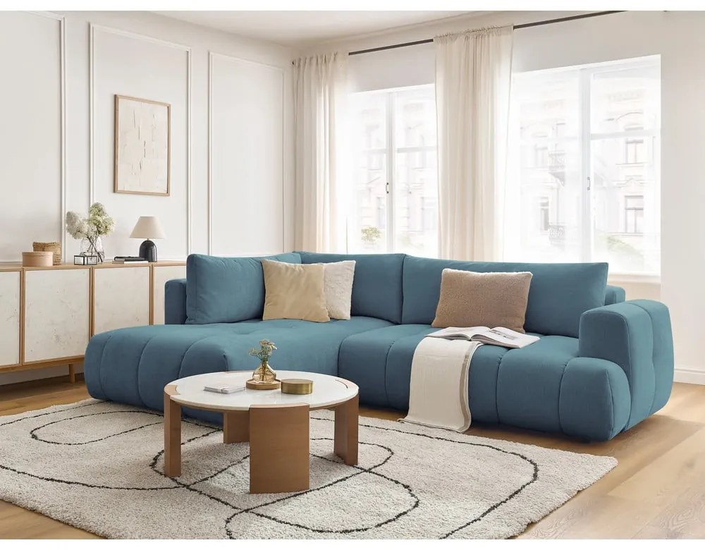 Divano angolare blu allungabile e con contenitore (penisola a sinistra/a L) con rivestimento in ciniglia Fuji – Bobochic Paris