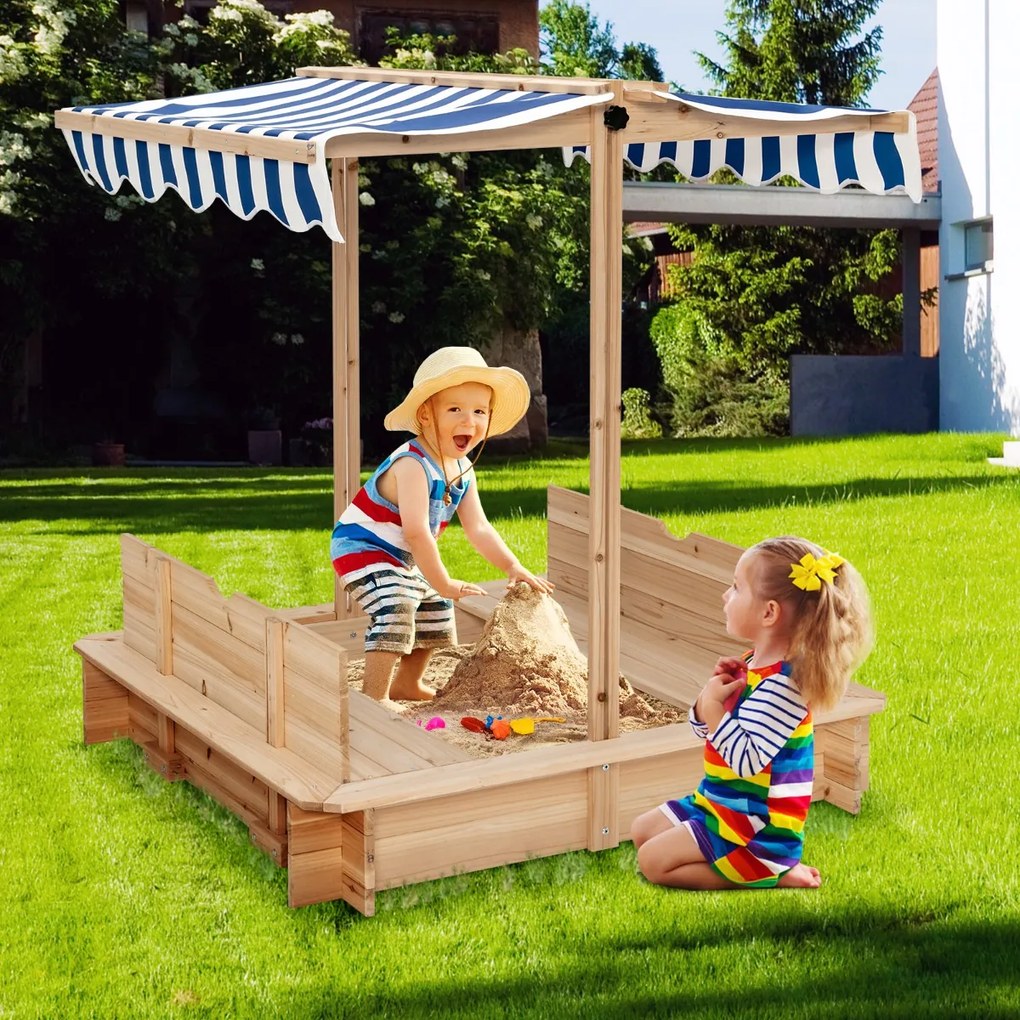 Costway Sabbiera in legno per bambini all'aperto, Sabbiera con 2 panchine convertibili e tettoia regolabile in altezza