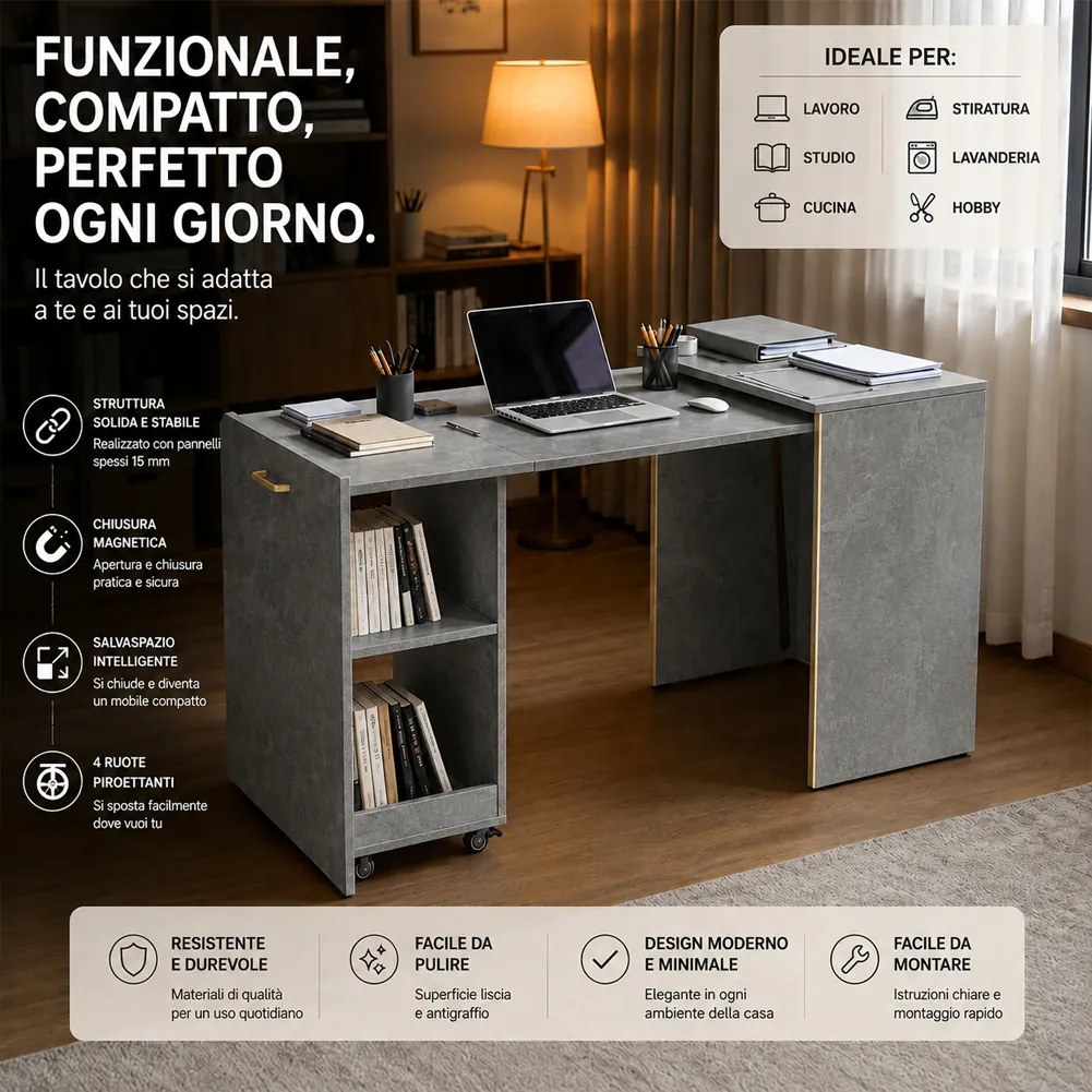 Mobile con Tavolo a Scomparsa Richiudibile Salvaspazio Scrivania con Libreria Grigio...