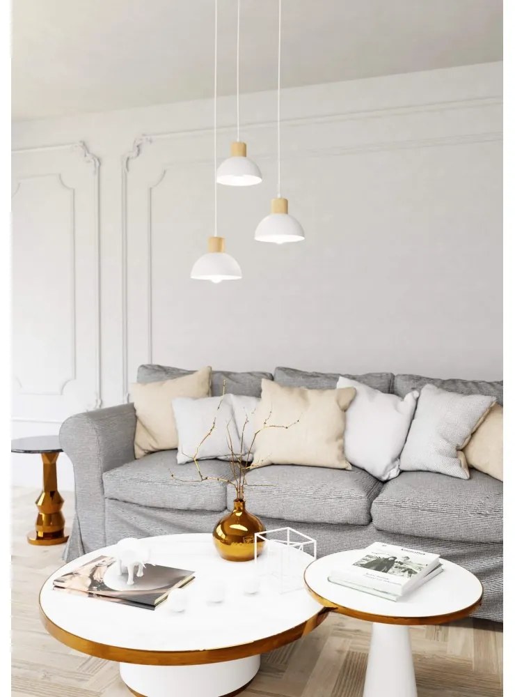 Lampada a sospensione SECO 3 PREMIUM in acciaio e legno 3xE27 Colore del corpo Bianco