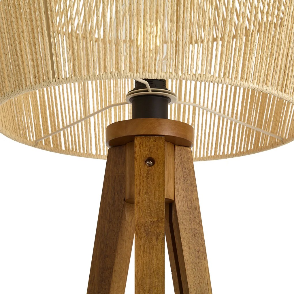 Lampada da terra vintage in legno con paralume in corda di carta marrone 50/50/30 - Tripod Classic