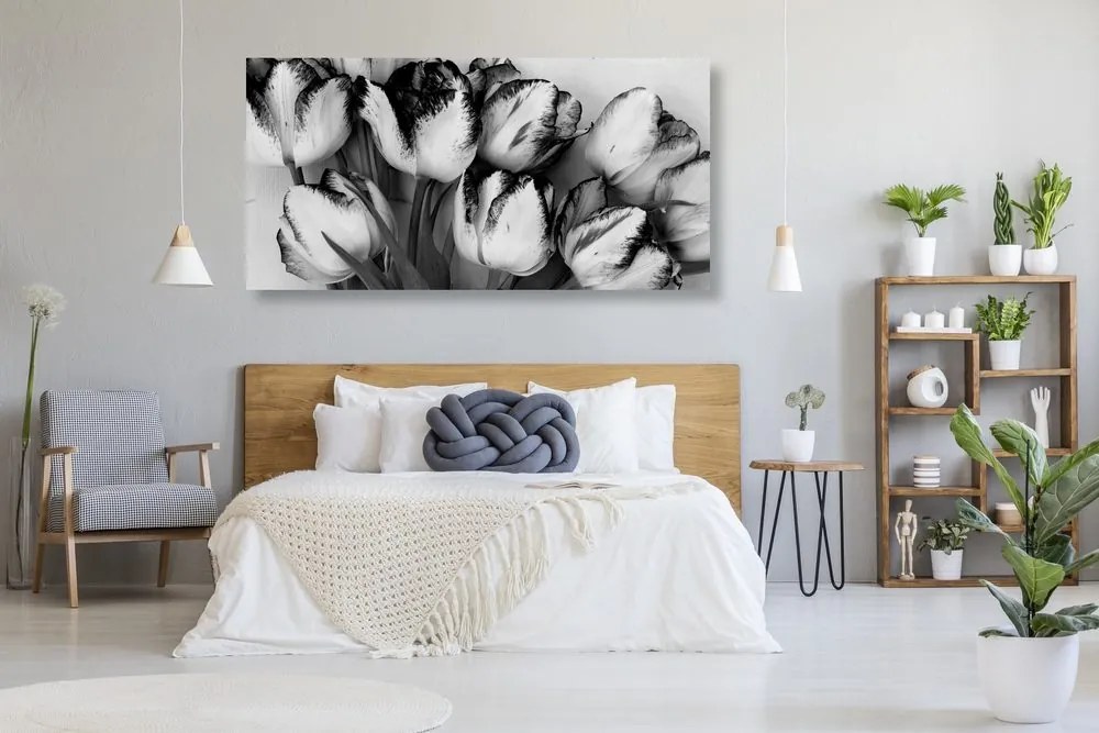 Stampa su tela – Tulipani con tocco primaverile in bianco e nero
