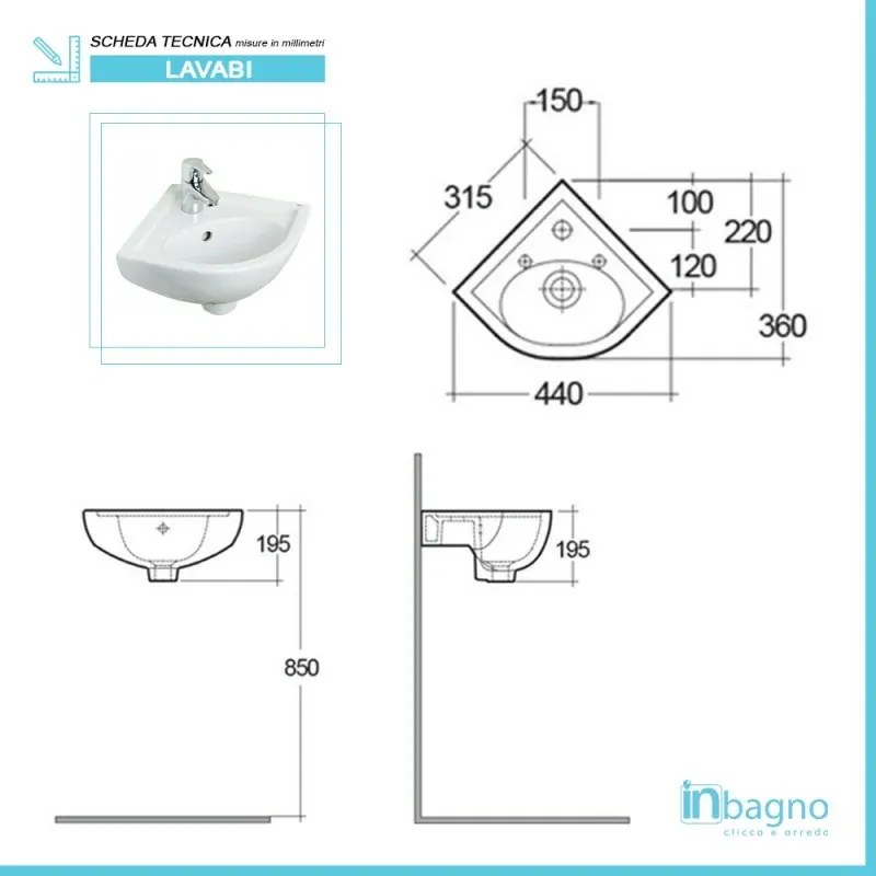 Lavabo angolare sospeso 44x36 cm salvaspazio in ceramica bianca lucida
