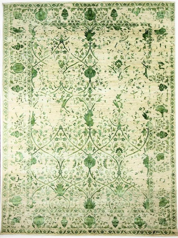 Loribaft Tappeto 370 x 280 Verde (Indian) Annodato A Mano