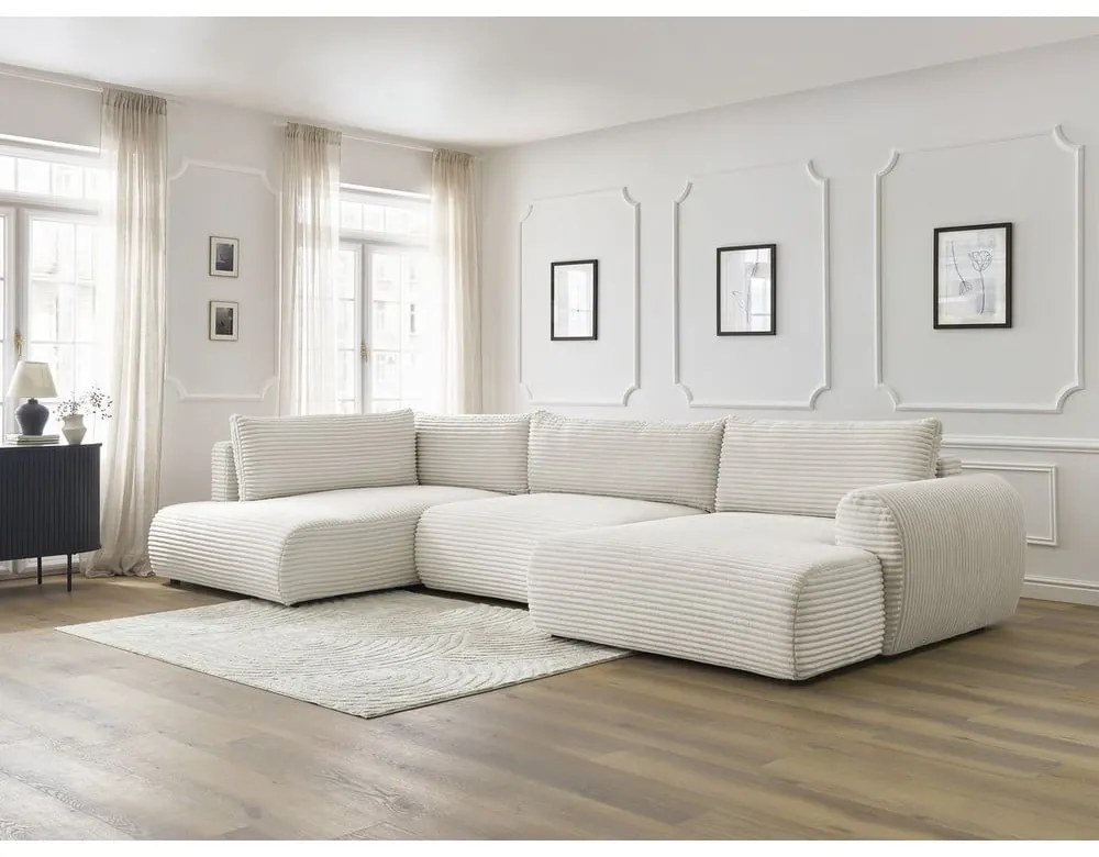 Divano angolare color crema allungabile (con penisola a destra/a forma di "U") con rivestimento in velluto a coste Lucien – Bobochic Paris