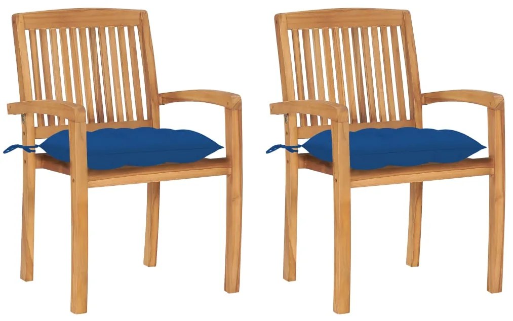 Sedie da giardino 2 pz con cuscini blu in teak massello