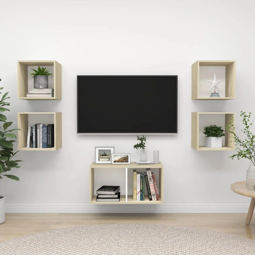 Set Mobili Tv 5 Pz Bianco E Rovere Sonoma İn Legno Multistrato /