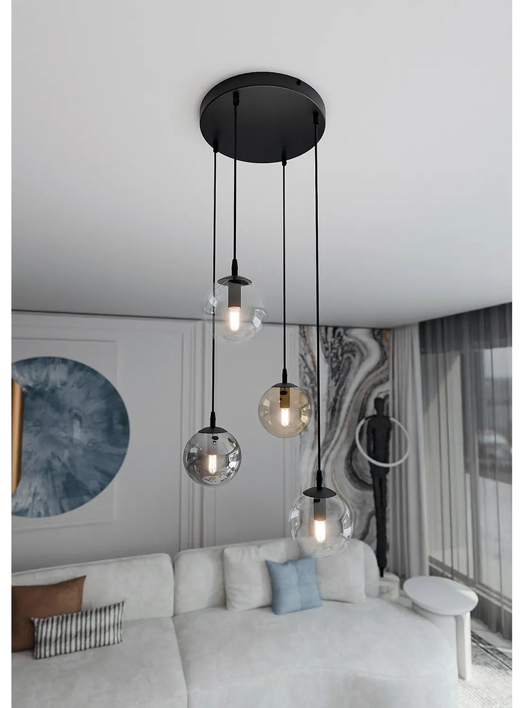 Sospensione 4 Luci Kali In Acciaio Nero Base Tonda E Sfere In Vetro Multicolor
