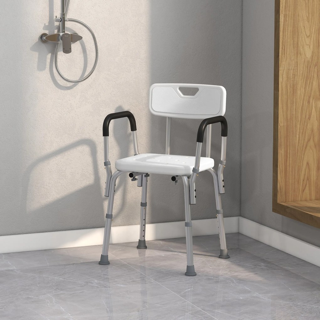 Sedia per Doccia 51,5x51,5x71-84 cm Altezza Regolabile e Piedini Antiscivolo in Alluminio Bianco...