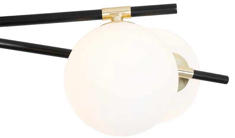 Plafoniera Art Déco nera con oro e vetro opalino 6 luci - Lynn