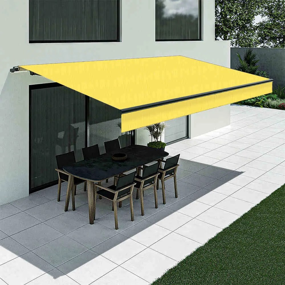 Tenda da sole gialla con mantovana dritta, modello Basic senza cassonetto, 2400 x 1500 mm, con manovella, configurazione individuale