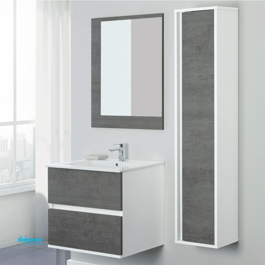 Mobile Bagno Sospeso "Fabula" Da 60 Cm Composto Da Due Cassetti Lavabo E Specchio Finitura Grigio/Cemento