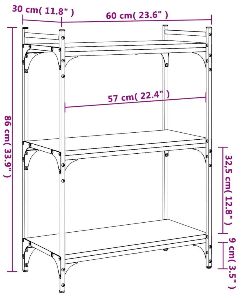 Libreria a 3 Ripiani Grigio Sonoma 60x30x86cm Legno Multistrato