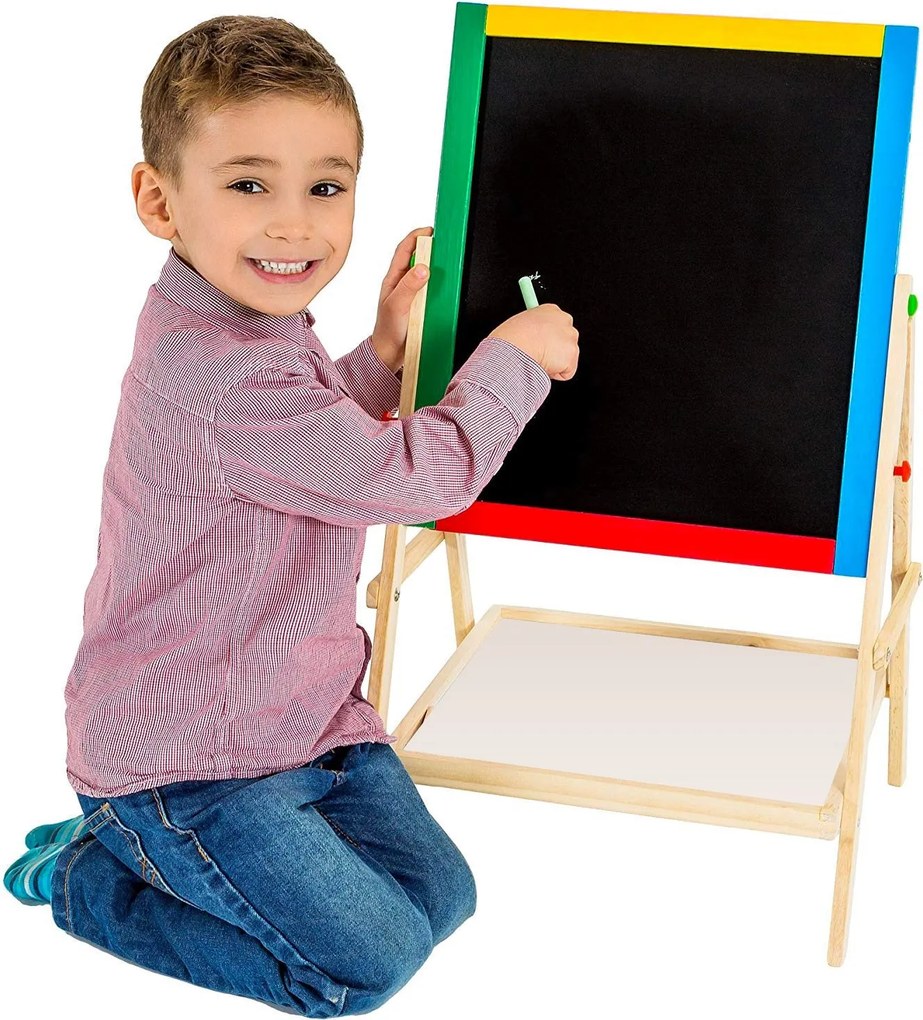 Lavagna per Bambini Magnetica e Tradizionale con Cavalletto in Legno H65 Kids Joy...