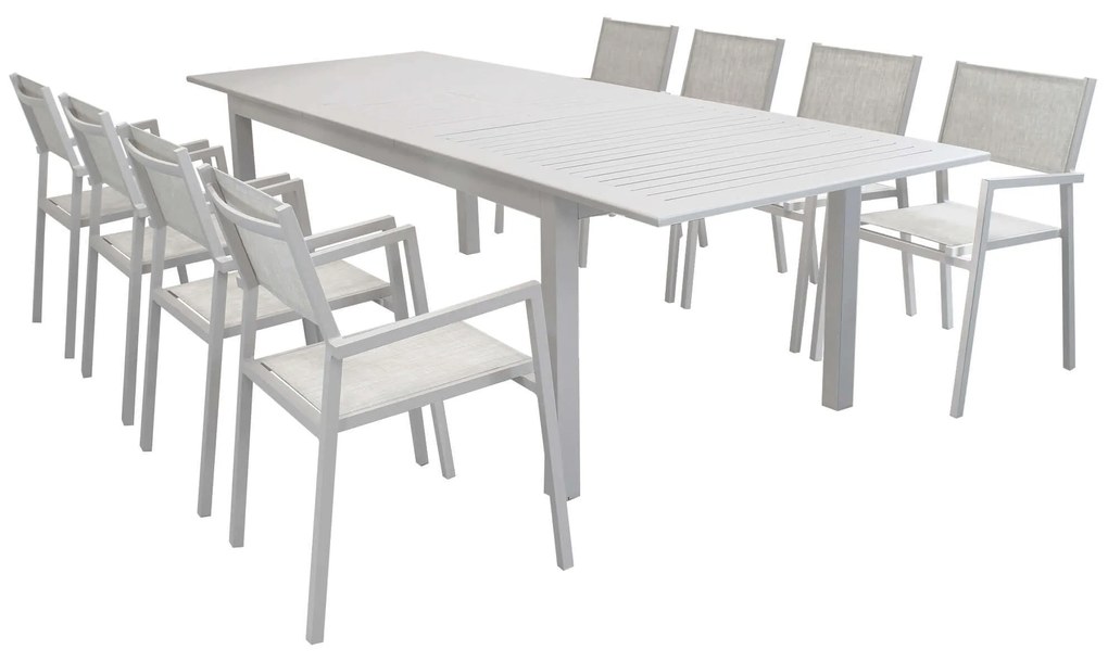 ARGENTUM - set tavolo in alluminio cm 220/280 x 100 x 75 h con 8 poltrone Aulus