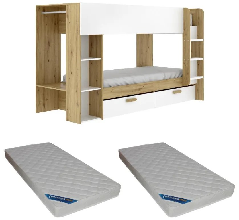 Letto a castello 2x90x200 con vani portaoggetti e bastone appendiabiti Bianco e naturale + Materasso  - OZANA