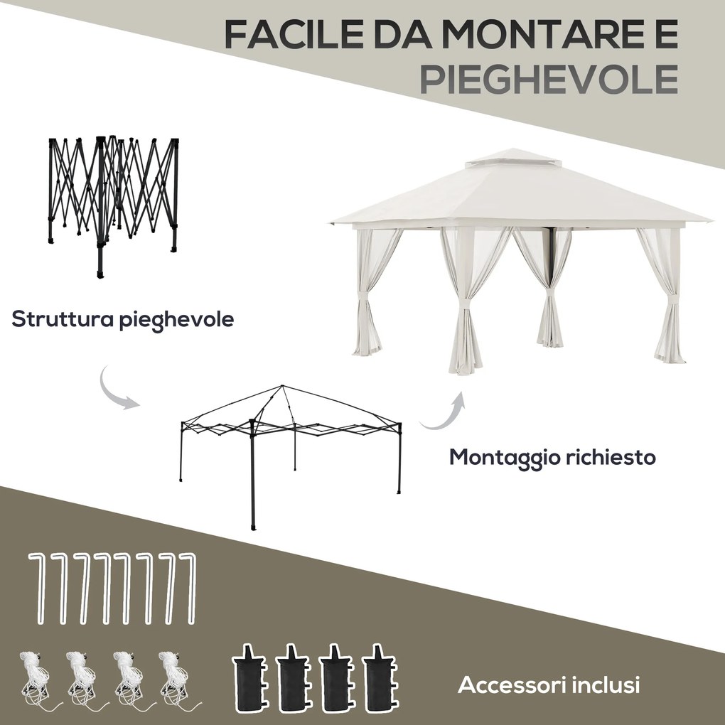 Gazebo Pieghevole 4x4 m ad Altezza Regolabile con Zanzariera e Borsa in Metallo e Tessuto Oxford Crema...
