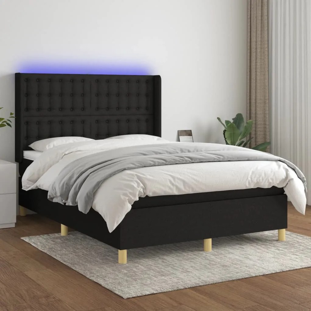 Letto A Molle Con Materasso E Led Nero 140x200 Cm İn Tessuto /