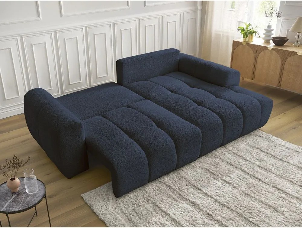 Divano angolare blu allungabile/con contenitore (con penisola a destra/con chaise lounge) con rivestimento in bouclé Roxelane – Bobochic Paris