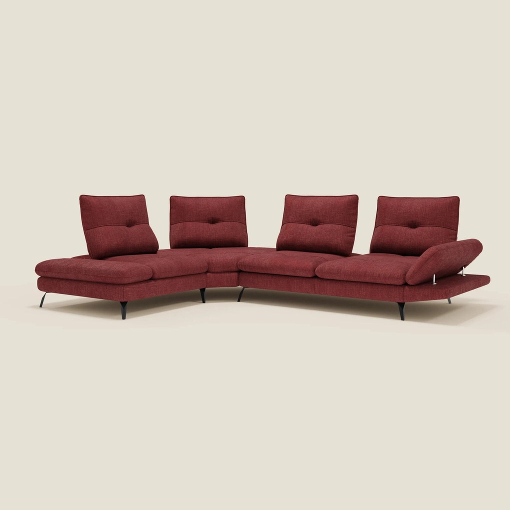 Ardex Divano Angolare - schienali traslanti e bracciolo regolabile in elegante tessuto impermeabile T06 rosso