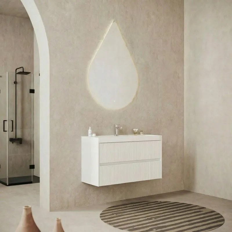 Base sospesa Portofino 100 cm con lavabo e 2 cassetti, bianco opaco cannettato