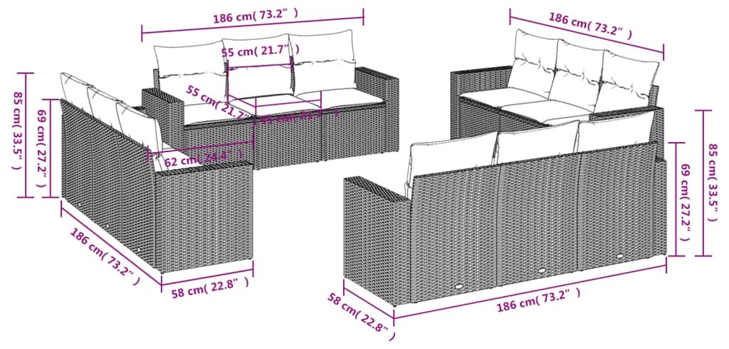 Set divani da giardino 12 pz con cuscini nero in polyrattan