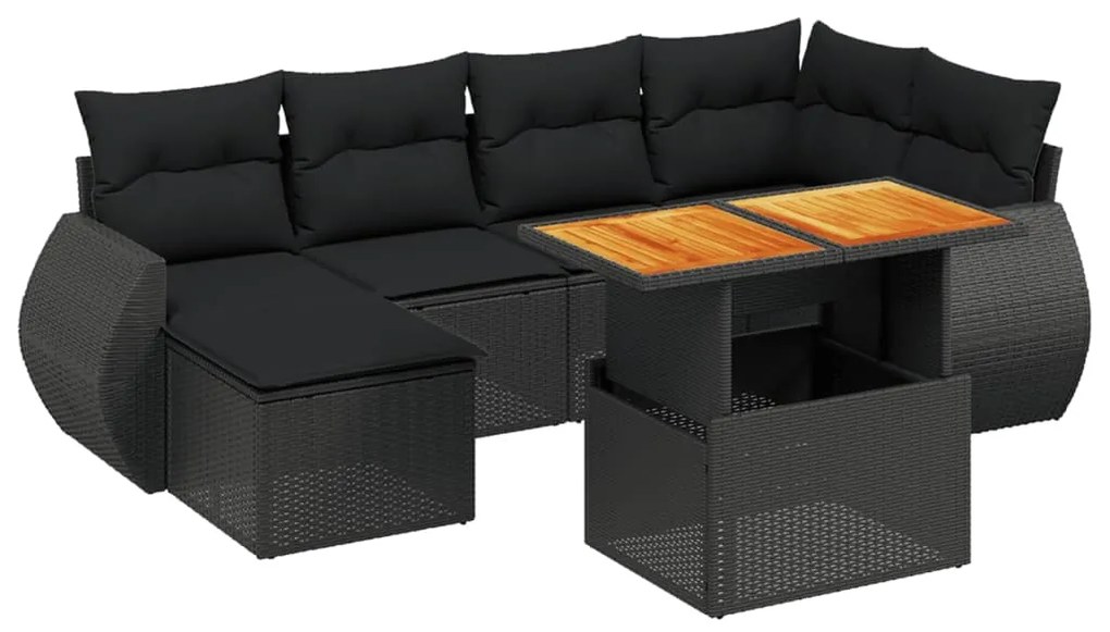 Set Divani da Giardino con Cuscini 7pz Nero Polyrattan