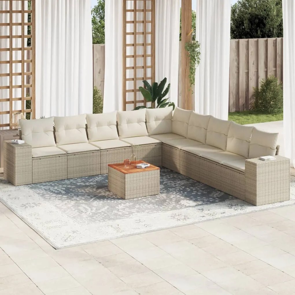 Set divano da giardino 10 pz con cuscini beige in polyrattan