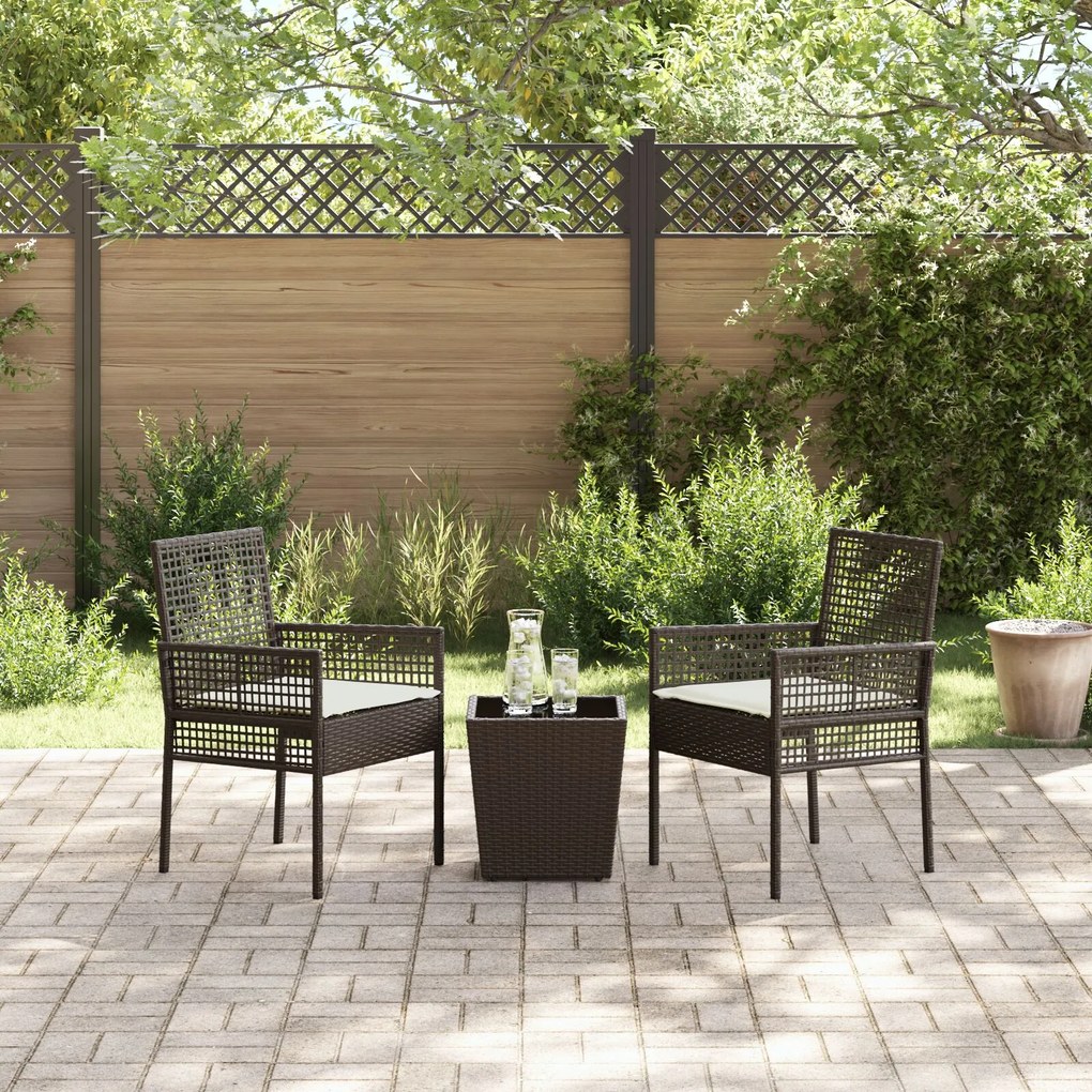 Set bistro da giardino a 3 pezzi con cuscini marrone in polyrattan