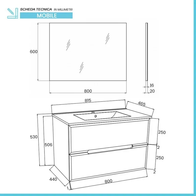 Mobile bagno sospeso 80 rovere fumo e blu pastello con lavabo e specchio Iris