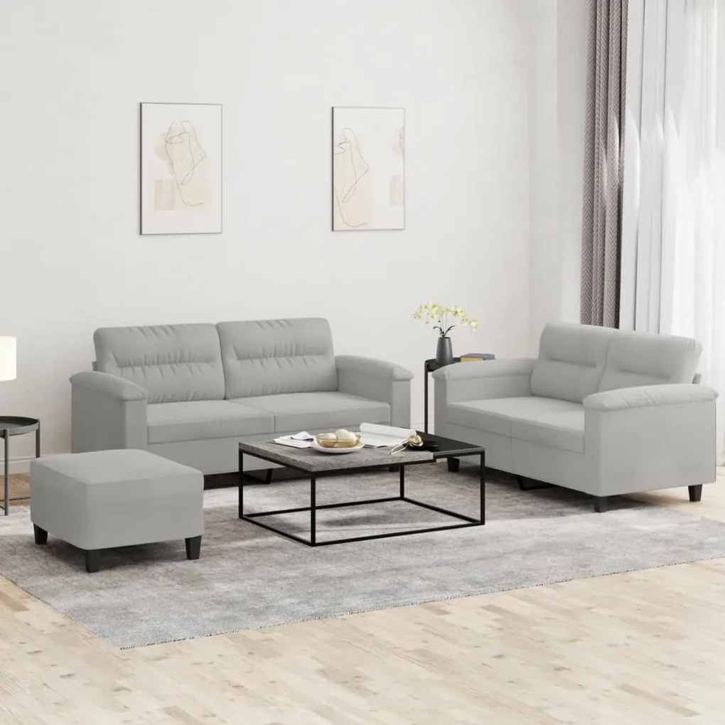 Set Divani 3 Pz Con Cuscini Grigio Chiaro İn Tessuto Microfibra /