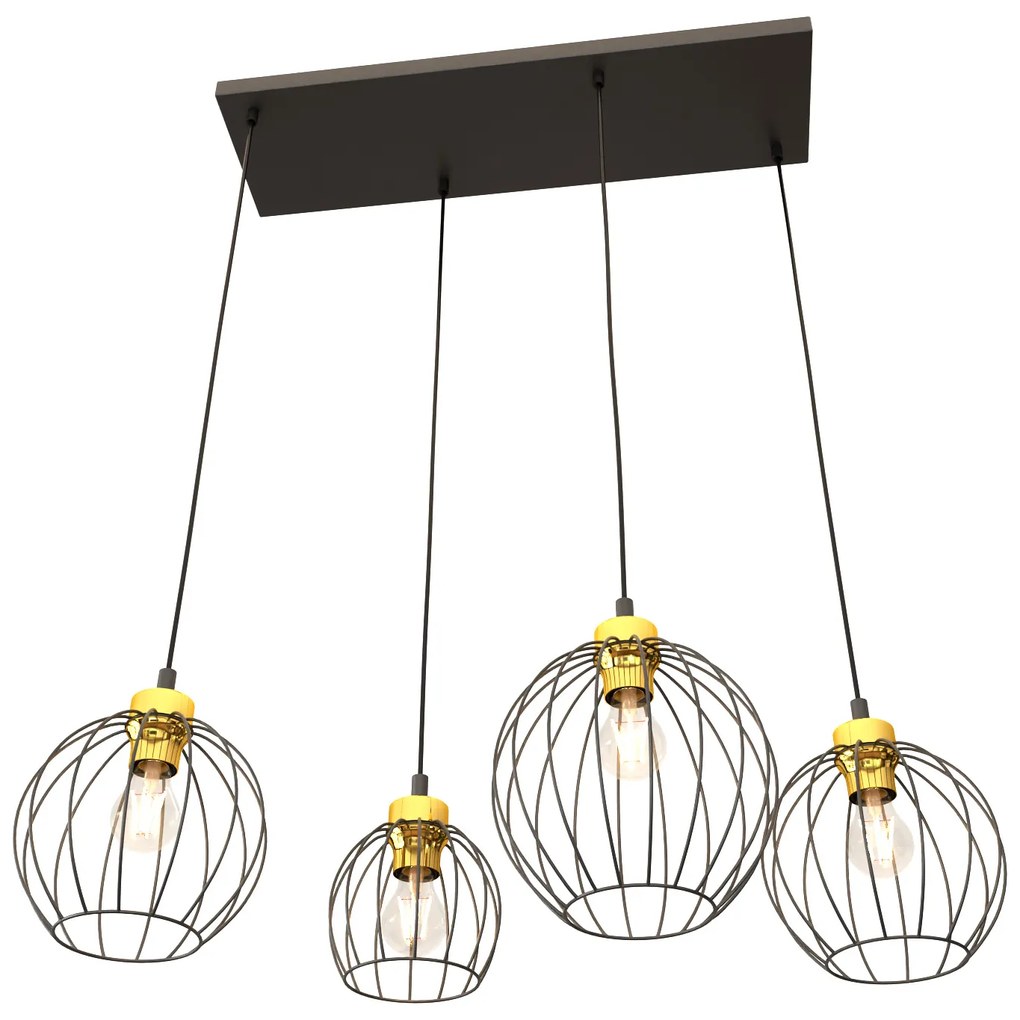 Sospensione Minimal Industrial Hathor 4 Luci Lineari Nera E Oro
