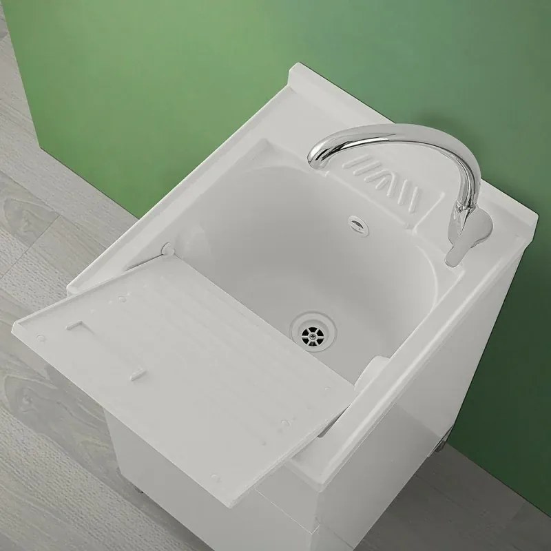 Mobile lavatoio 45x50 bianco con vasca in resina completo di asse lavapanni