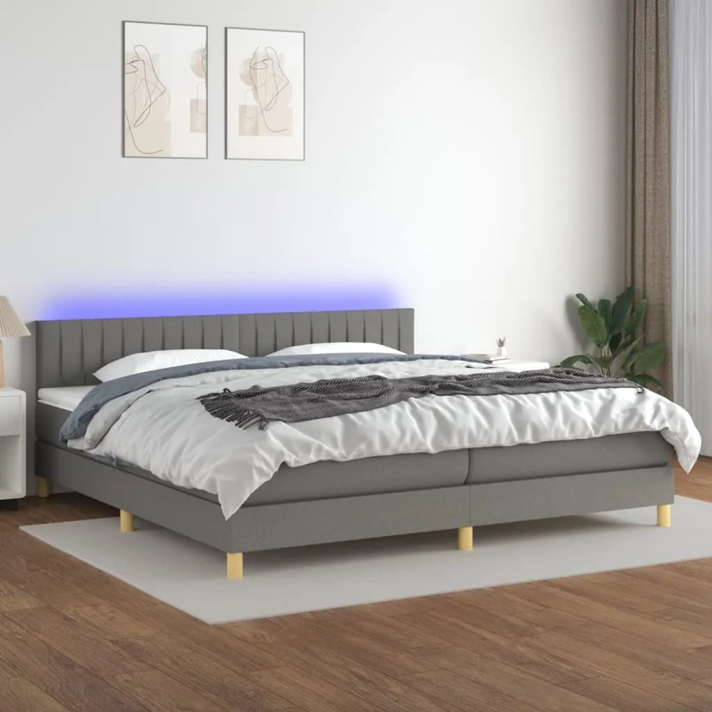 Letto a molle materasso e led grigio scuro 200x200cm in tessuto