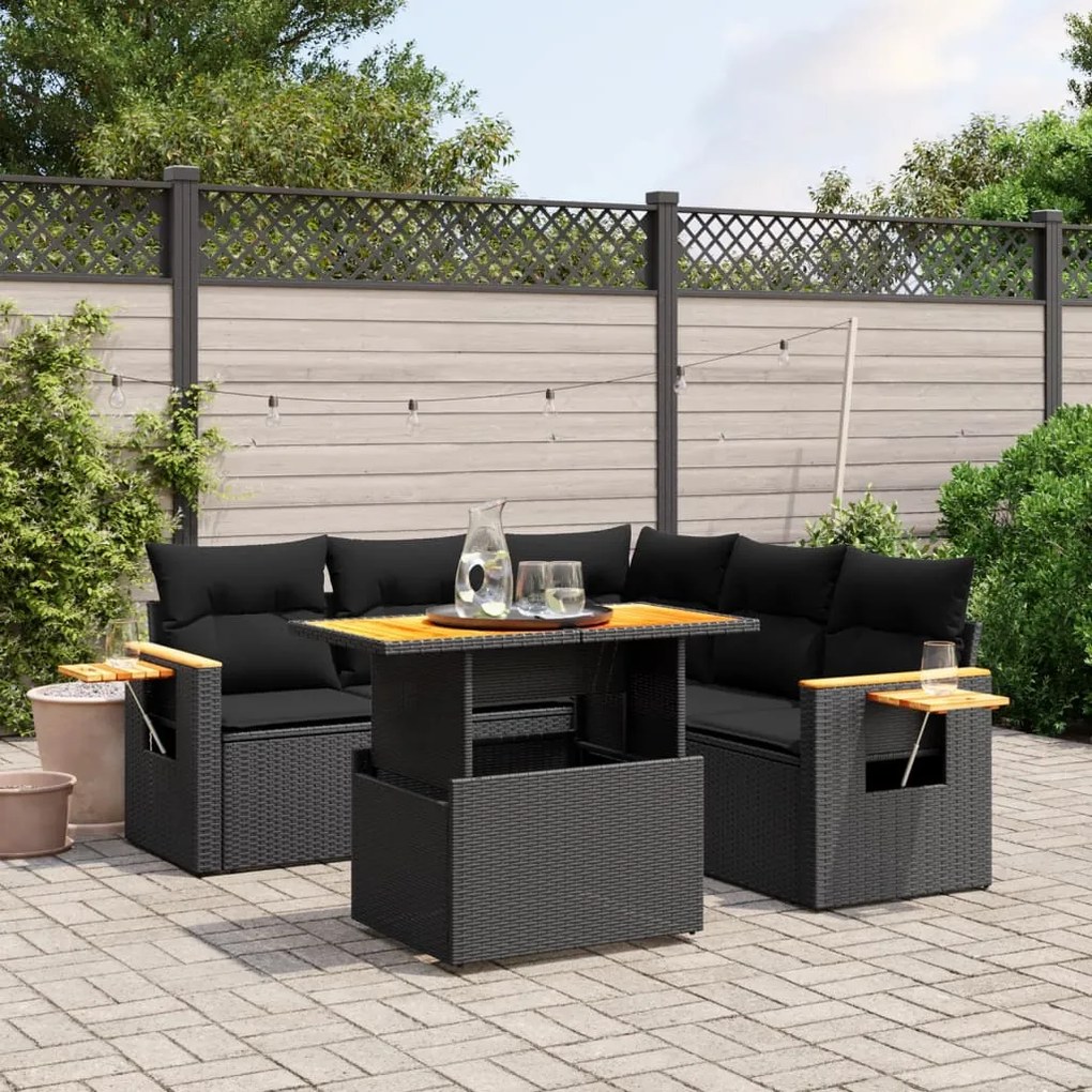 Set divano da giardino 6 pz con cuscini nero in polyrattan