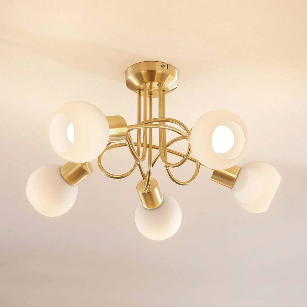 Plafoniera soffitto Elaina Lindby, dimmerabile, Ottone / Oro, Soggiorno / Sala da pranzo, Vetro, Moderno, Plafoniera