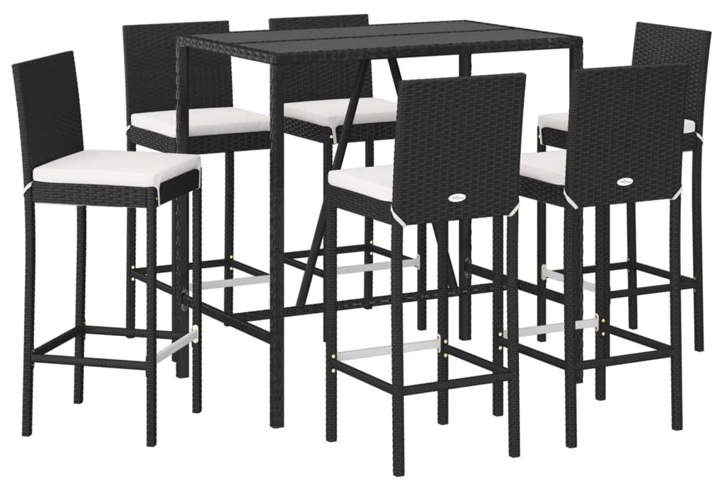 Set bar da giardino 7 pz con cuscini in polyrattan nero