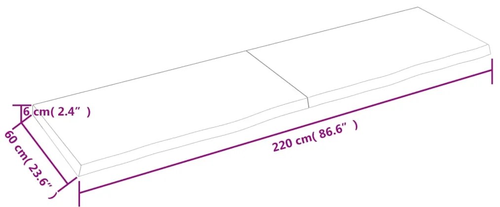 Ripiano a parete 220x60x6 cm legno massello rovere non trattato