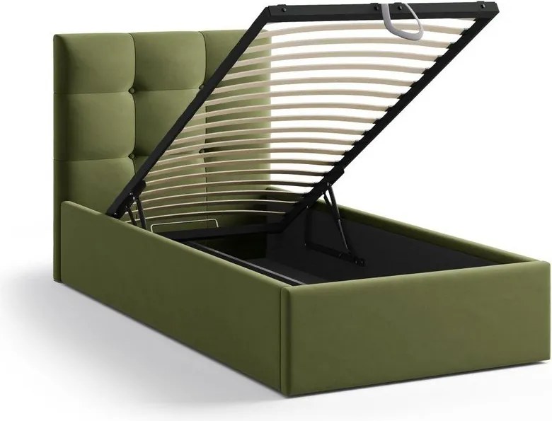 Letto singolo imbottito verde con contenitore con rete inclusa 90x200 cm Phaedra – Micadoni