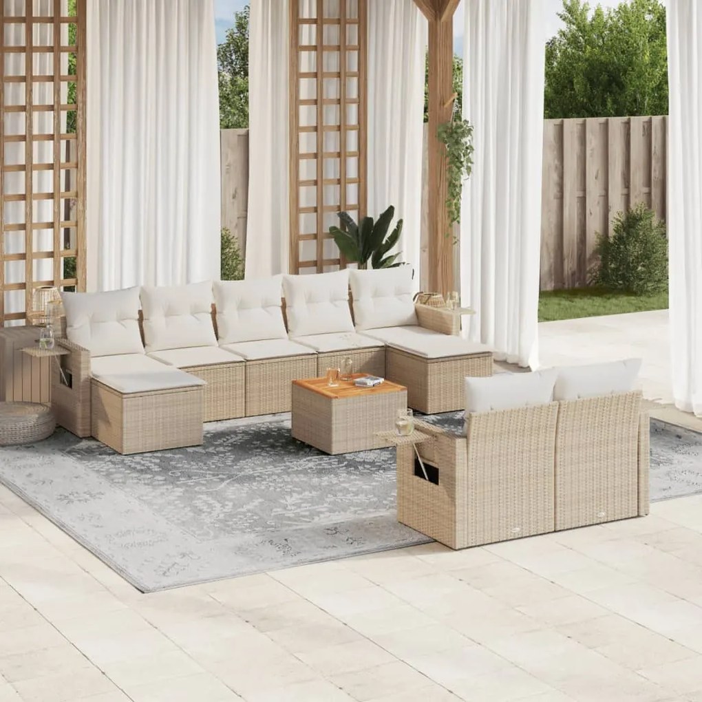 Set Divano da Giardino 10 pz con Cuscini Beige in Polyrattan