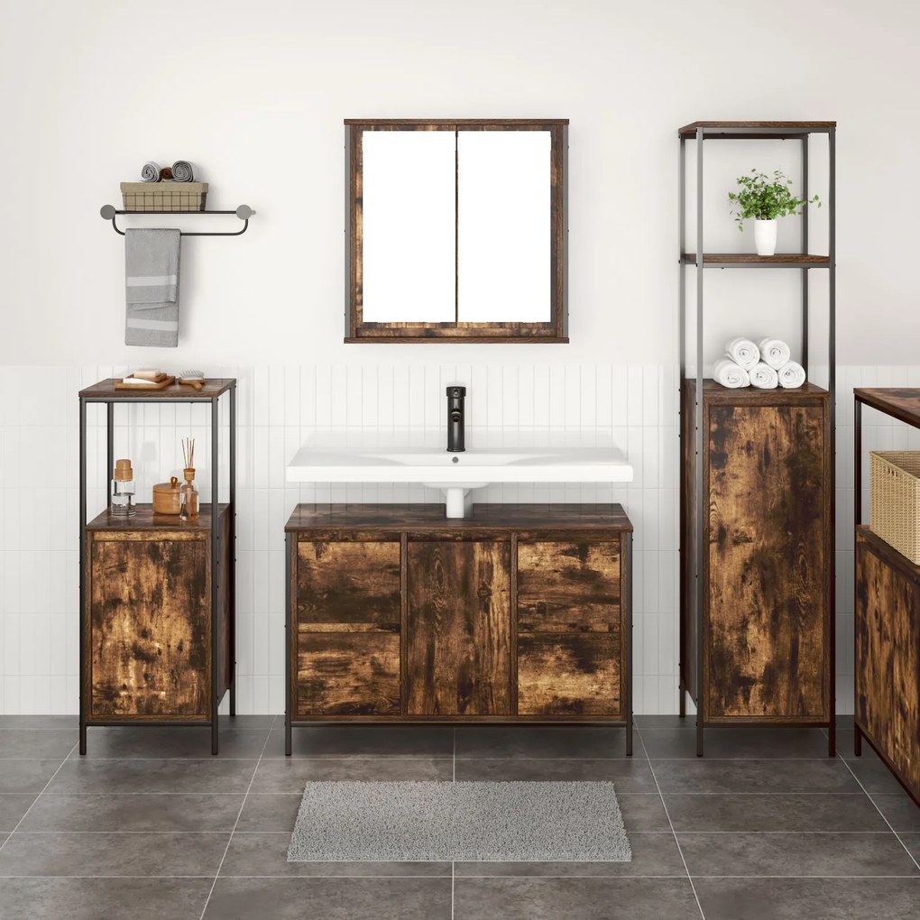 Set di mobili da bagno a 3 pezzi in legno ingegnerizzato rovere affumicato