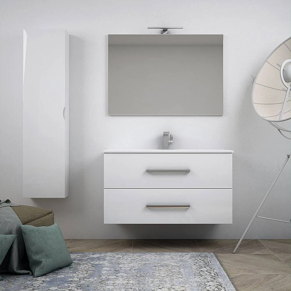 Mobile bagno bianco lucido sospeso moderno 100 cm con specchiera applique LED cassettoni soft close e colonna
